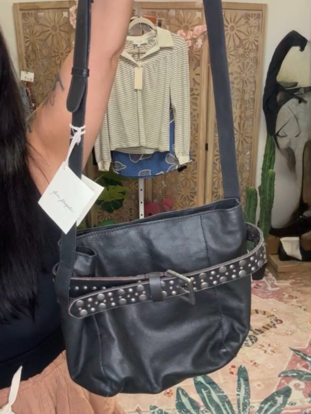 Free People Black Studded Leather Crossbody Bag NWT